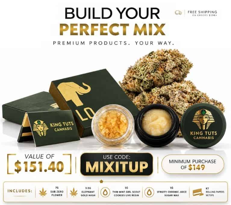 Build Your Perfect Mix cannabis bundle featuring flower, hash, live resin, sugar wax and rolling papers, valued at $151.40 with code MIXITUP on orders of $149 or more.