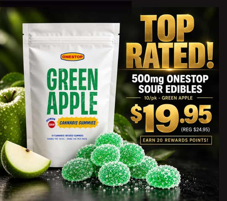 Top Rated Green Apple 500mg Onestop Sour Edibles – $19.95