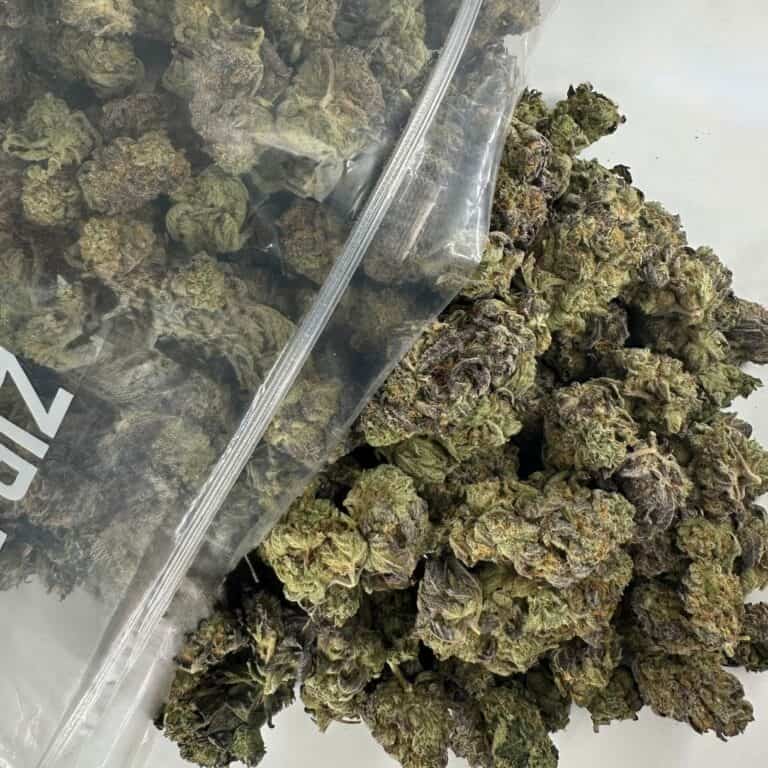 Dante's Inferno cannabis flower buds displayed in a bag