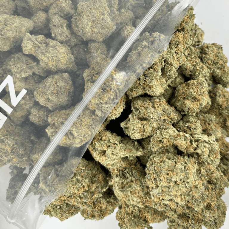 Lemon Cheese cannabis flower buds displayed in a bag