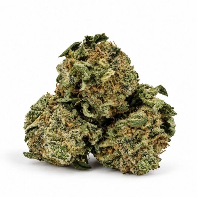 Lemon Cheese (smalls) cannabis flower buds on a white background