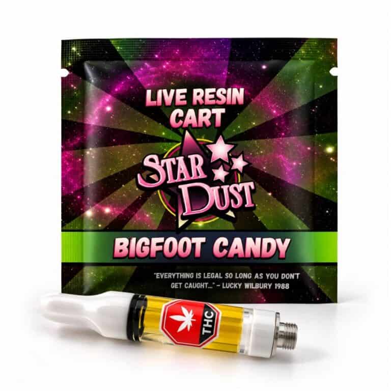 Star Dust bigfoot candy Live Resin Cart in retail packaging with 1 gram vape cartridge