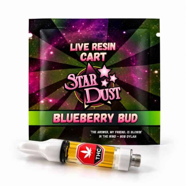 Star Dust blueberry bud Live Resin Cart in retail packaging with 1 gram vape cartridge