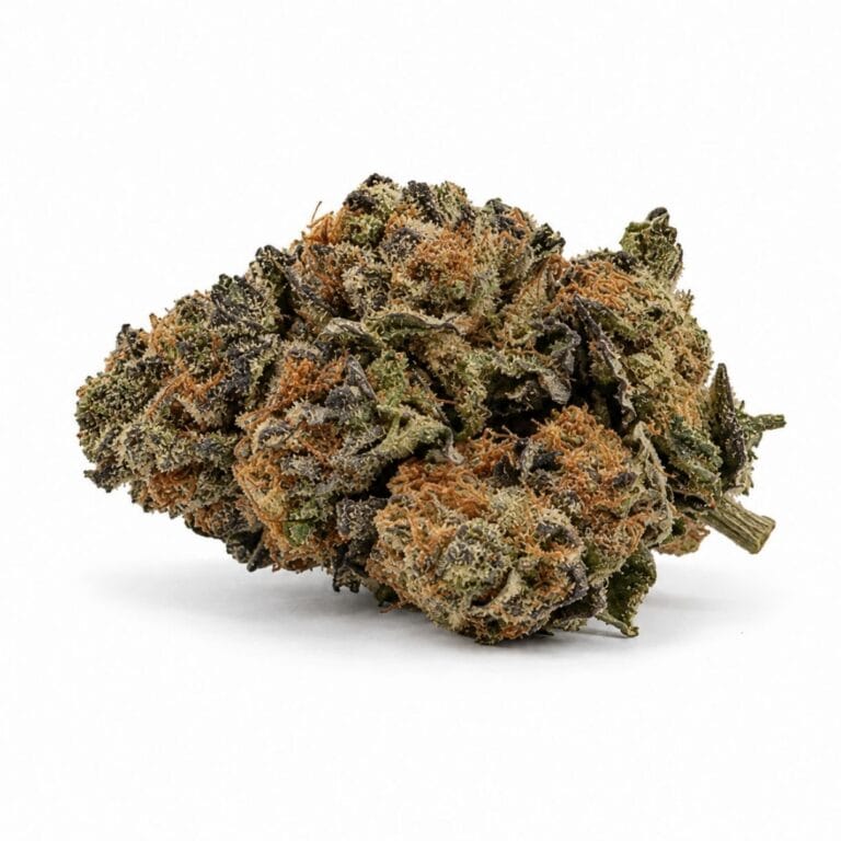 Image of cannabis bud with frosty trichomes on a crisp white background