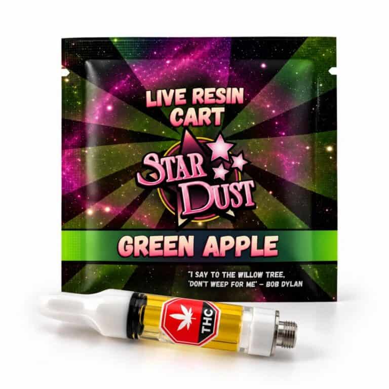 Star Dust green apple Live Resin Cart in retail packaging with 1 gram vape cartridge