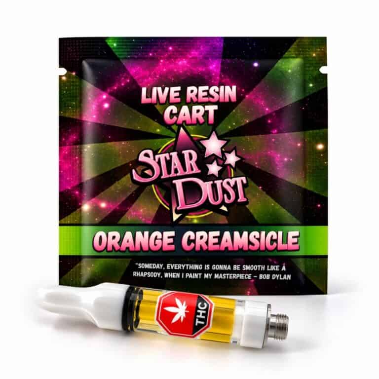 Star Dust orange creamsicle Live Resin Cart in retail packaging with 1 gram vape cartridge