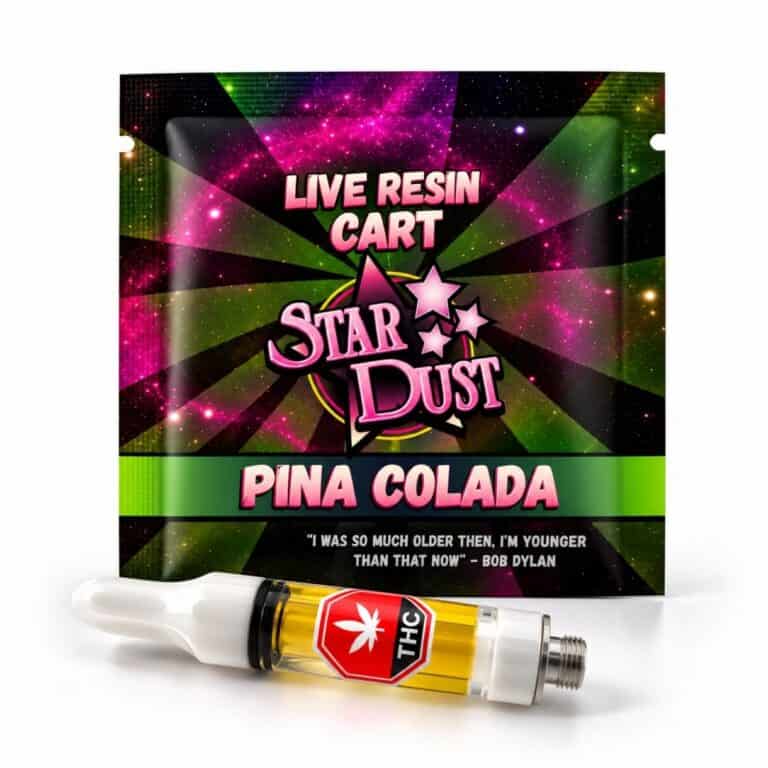 Star Dust Pina Colada Live Resin Cart in retail packaging with 1 gram vape cartridge