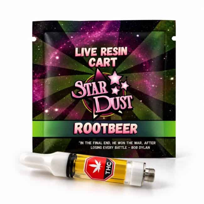 Star Dust rootbeer Live Resin Cart in retail packaging with 1 gram vape cartridge
