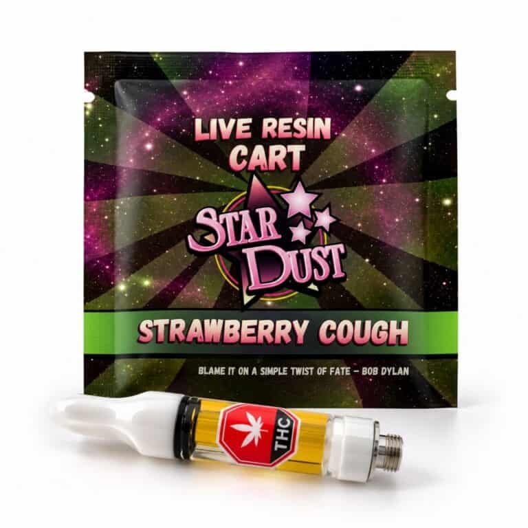 Star Dust strawberry cough Live Resin Cart in retail packaging with 1 gram vape cartridge