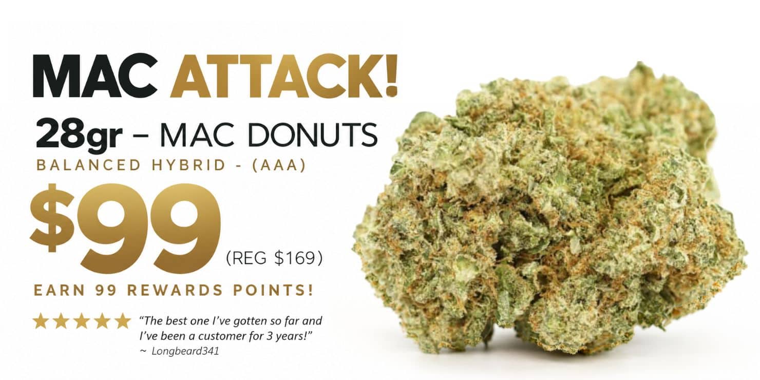 Promotional banner for 28g MAC Donuts balanced hybrid AAA, featuring cannabis flower, priced at $99, regularly $169, with 99 rewards points.
