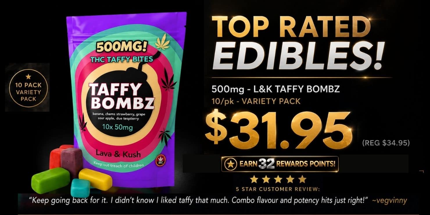 Promotional banner for taffy bombz edibles, priced at $31.95 regularly $34.95, with 32 rewards points.
