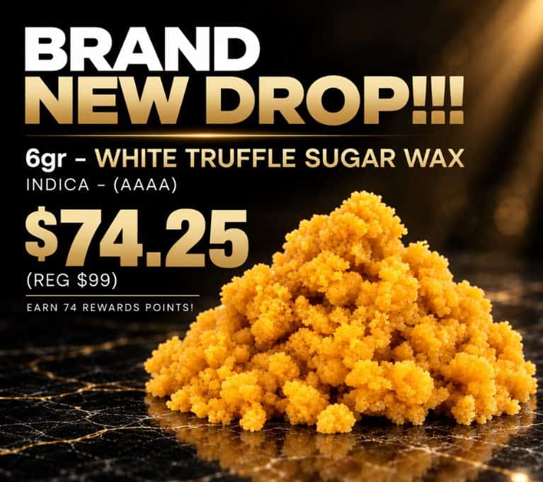 Premium black and gold promotional graphic for 6g White Truffle Sugar Wax, featuring a close-up of golden sugar wax with a sale price of $74.25, regular price $99, and 74 rewards points.